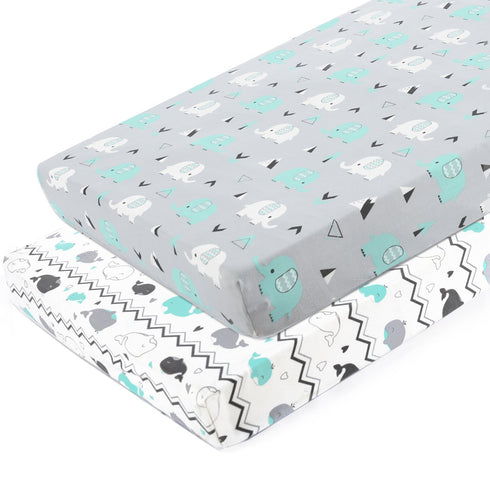 Pack n Play Stretchy Fitted Pack n Play Playard Sheet Set BROLEX 2 Pack Portable Mini Crib Sheets,Convertible Playard Mattress Cover,Ultra Soft Material?Elephant & Whale