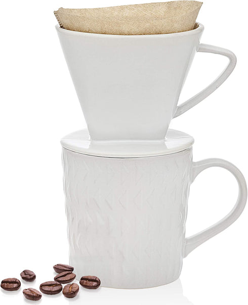 Godinger Pour Over Coffee Maker Dripper and Coffee Mug Brew Set, Bone China - 14oz