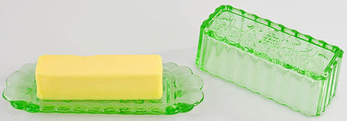 HOME-X Depression Style Glass Butter Dish with Lid and Grape Pattern, Retro Kitchen Decor, Wedding Gift