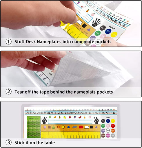 Toniper 30 Pieces Nameplate Pocket Self-Adhesive Clear PVC View Desk Name Tag Sleeves Protectors for Classroom Desk, Office Supplies, 12.5 x 4.7 Inch