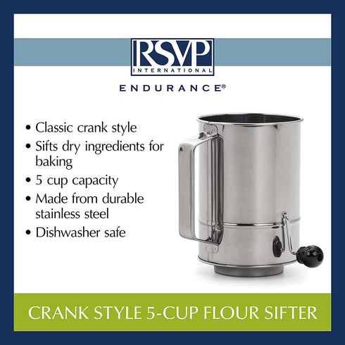 RSVP International Endurance® Stainless Steel Crank Style Flour Sifter, 5 Cup | Sift Flour & Dry Ingredients for Baking | Manual Crank | Dishwasher Safe,Silver