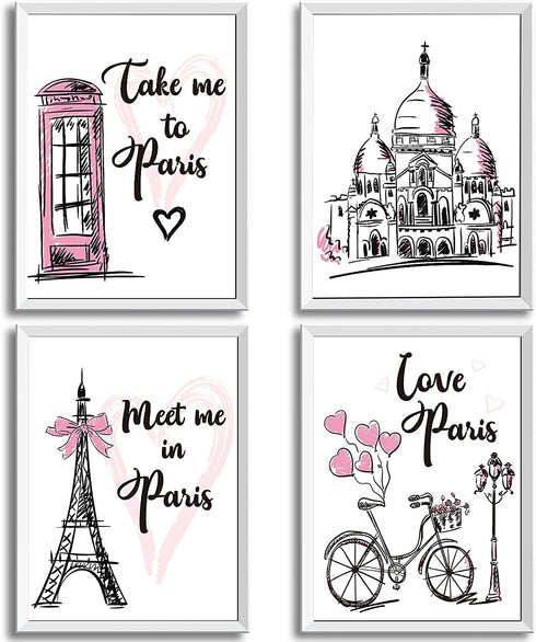 4 Pieces Paris Wall Art Prints, Pink Eiffel Tower Telephone Booth Romantic Paris Theme Room Unframed Art Poster Decor for Girls Living Room Bedroom Bathroom Kitchen Office Decor, 8 x 10 Inch