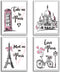 4 Pieces Paris Wall Art Prints, Pink Eiffel Tower Telephone Booth Romantic Paris Theme Room Unframed Art Poster Decor for Girls Living Room Bedroom Bathroom Kitchen Office Decor, 8 x 10 Inch