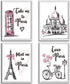 4 Pieces Paris Wall Art Prints, Pink Eiffel Tower Telephone Booth Romantic Paris Theme Room Unframed Art Poster Decor for Girls Living Room Bedroom Bathroom Kitchen Office Decor, 8 x 10 Inch