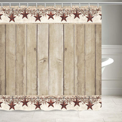 Rusitc Wood Boards Shower Curtain, Western Texas Star and Primitive Berries on Country Wooden Plank Bath Curtains, Polyester Fabric Bathroom Country Barn Farmhouse Shower Curtain 12PCS Hooks, 69X70IN