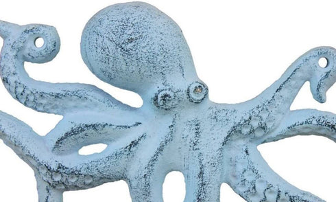 Rustic Dark Blue Whitewashed Cast Iron Octopus Hook 11 Inch - Decorative Hook - Sealife Metal Wall Hook