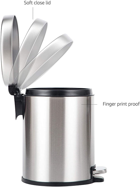 Amazon Basics 5 Liter / 1.3 Gallon Round Soft-Close Trash Can with Foot Pedal - Stainless Steel