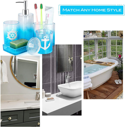Bathroom Accessories Set, 5 PCS Resin Glass Bath Ensemble Set - Soap Dispenser + Soap Dish + Tumble Cup + Toothbrush Holder + Cotton Canister, Modern Bathroom Home Decor, Countertop Vanity Organizer