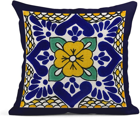 Semtomn Set of 4 Linen Throw Pillow Covers Spanish Talavera Exotic Geometry Dark Retro Ethnic Home Decorative 20"x20" Flax Pillow Cases Cushion Square Pillowcases