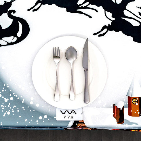 VVA Square Christmas Tablecloth, 60x60 Christmas Table cloth Winter Santa Claus Sleigh Snow Christmas Eve New Year Present and Stars Print Square Table Cloth for Family Kitchen Gatherings Dinner Decor