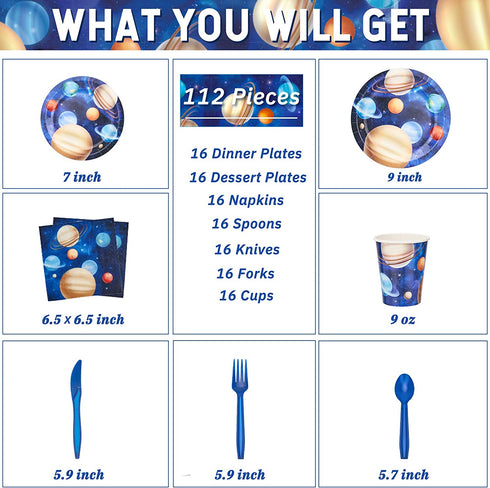Decorlife Space Themed Party Supplies Serves 16, Space Plates and Napkins Sets, Cups, Knives, Forks, Spoons Included, Total 112pcs