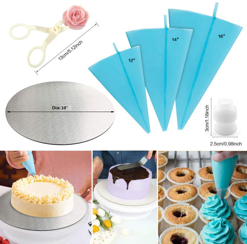 Cake Decorating kit - Cake Turntable and 10 inch Cake Board,2 Icing Spatula 3 Cake Scrapers,Cake Brush,Cake Flower Lifter,Cake Pen,3 Pastry Bags 24 Stainless Icing Tip 6 Piping Tip Couplers