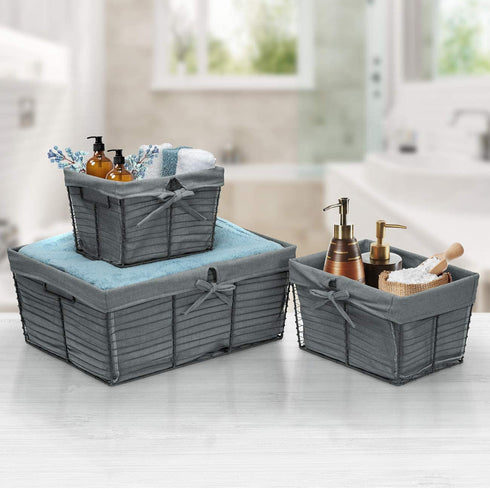 Sorbus Organizer Wire Basket Bin Storage Set, Removable Fabric Liner, Rustic Farmhouse Open Home Bins & Decorative Baskets for Shelves in Laundry Room, Bathroom, Kitchen, (Gray, Set of 5)