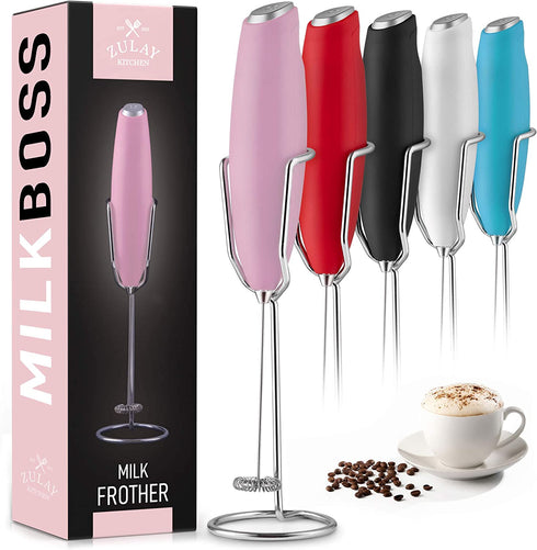 Zulay Pro Milk Frother Handheld With Upgraded Holster Stand - Powerful Coffee Frother Electric Handheld Mixer & Foam Maker - Battery Operated Frother For Coffee, Lattes, Matcha & More (Pink)