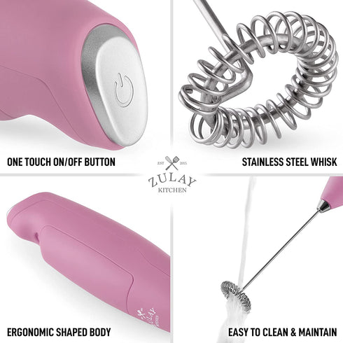 Zulay Pro Milk Frother Handheld With Upgraded Holster Stand - Powerful Coffee Frother Electric Handheld Mixer & Foam Maker - Battery Operated Frother For Coffee, Lattes, Matcha & More (Pink)