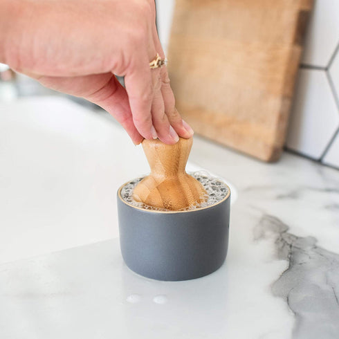 Full Circle Bubble Up Ceramic Soap Dispenser & Bamboo Dish Brush, White/Gray