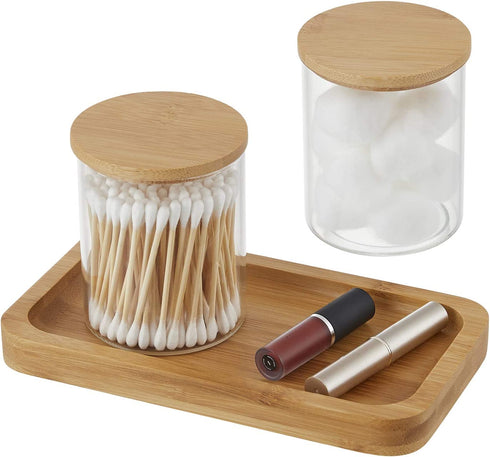 YININE Bamboo Vanity Tray, Bathroom Tray Organizer Glass Qtip Holder Dispenser Apothecary Jars for Cotton Swabs Balls Round Pad Perfume Candles Cosmetics Jewelry Makeup