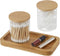 YININE Bamboo Vanity Tray, Bathroom Tray Organizer Glass Qtip Holder Dispenser Apothecary Jars for Cotton Swabs Balls Round Pad Perfume Candles Cosmetics Jewelry Makeup
