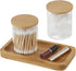 YININE Bamboo Vanity Tray, Bathroom Tray Organizer Glass Qtip Holder Dispenser Apothecary Jars for Cotton Swabs Balls Round Pad Perfume Candles Cosmetics Jewelry Makeup
