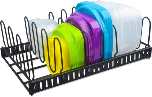 Metal Food Container Lid Organizer&Adjustable 6 Dividers Storage Container Lid Holder Rack for Cabinets, Cupboards, Pantry Shelves, Drawers to Keep Kitchen Tidy,Black(Patent Pending)