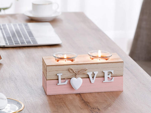 Candle Holders Set of 2 Wooden Tealight Candle Holder Decorative for Table, Wedding Birthday Party Ornaments, Living Room Decor Gift, I Love You Gifts for Him and Her Pink