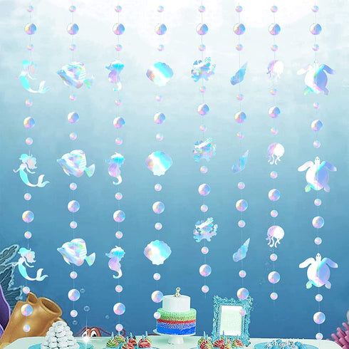 60ft Under the Sea Party Decorations Garland - 8 String Iridescent Mermaid Streamers with Mermaid Jellyfish Shell Conch Hippocampus for Little Mermaid Party Ocean Birthday Baby Shower Decorations