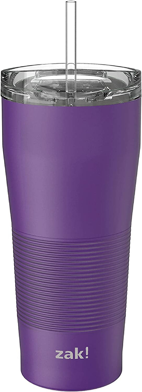 Zak Designs Lynden 28 oz Vacuum Insulated 18/8 Stainless Steel Travel Tumbler with Splash-Proof Lid, Includes Reusable Plastic Straw and Fits in Car Cup Holders, Viola