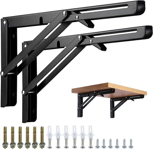 KOOTANS 16 Inch Folding Shelf Brackets, Heavy Duty Wall Mounted Metal Collapsible Shelf Bracket for Bench Table Workbench Supports Space Saving DIY Bracket, Max Load 220LB/100KG, Pack of 2 with Screws