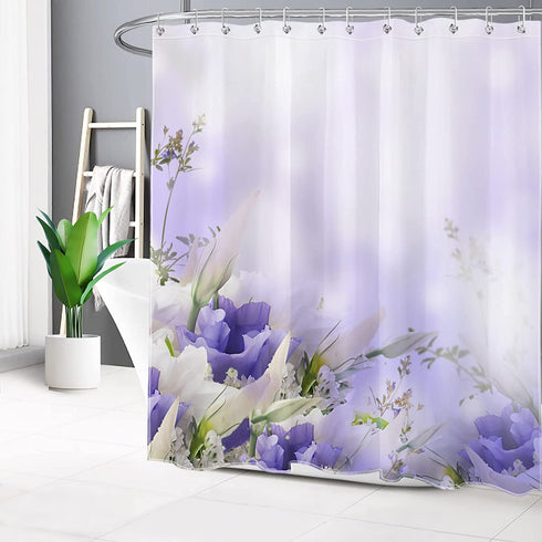 LB Pastel Flower Bouquet Ombre Background Shower Curtain Purple Floral Restroom Bathroom Curtains Hooks Durable Waterproof Fabric Curtain Set, 70 x 70 Inches