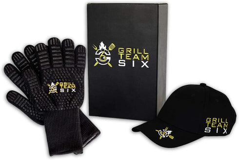 BBQ Gloves for Grilling by GRILL TEAM SIX - Extreme Heat Gloves Resistant 932°F - Perfect for Oven Gloves, BBQ Gloves for Smoker, Smoker, Cooking - Non-Slip Silicone Grip - Plus GT6 Hat