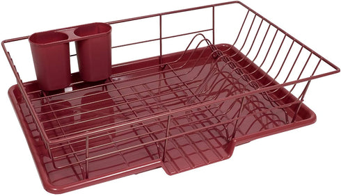 Sweet Home Collection 3 Piece Dish Drainer Rack Set with Drying Board and Utensil Holder, 12" x 19" x 5", Burgundy