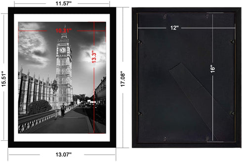 Soonrada 12x16 Frame Black Picture Frames to Display 11x14 Documents with Mats 12 x 16 Black Real Wood Photo Frame Wall Art for Office Living Room Wall Decor