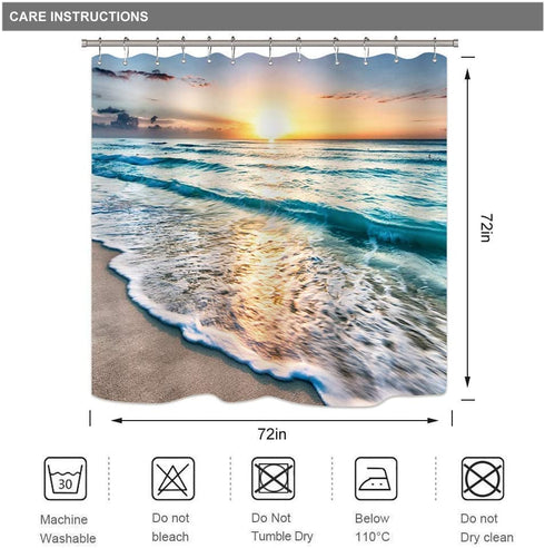Riyidecor Ocean Beach Shower Curtain Seashore Sunrise 72x72 Inch Sunset Wave Summer Coastal Hawaii Cool Sea Seaside Scene Island Blue Nature Scenery Fabric Set Waterproof Bathroom Decor BB-JWXP
