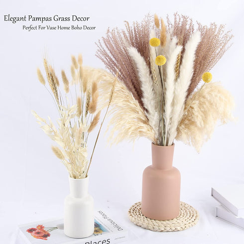 61Pcs Natural Dried Pampas Grass, 17" Tall Fluffy Pompous Grass Dried Flowers Bouquet Decor with Reed Grass/Wheats/Lagurus Ovatus/ for Boho Farmhouse Rustic Vase