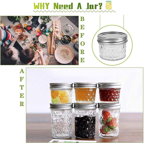FRUITEAM 4 oz 12 PACK Mini Mason Jars with Lids and Bands, Quilted Crystal Jars Ideal for Food Storage, Jam, Body Butters, Jelly, Wedding Favors, Baby Foods
