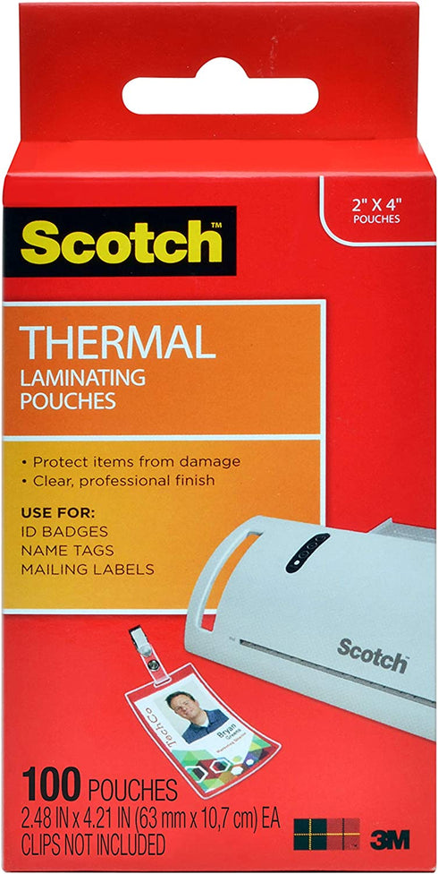 Scotch Thermal Laminating Pouches, 5 Mil Thick for Extra Protection, Professional Quality, 2.4 x 4.2-Inches, ID Badge without Clip, 100-Pouches (TP5852-100)