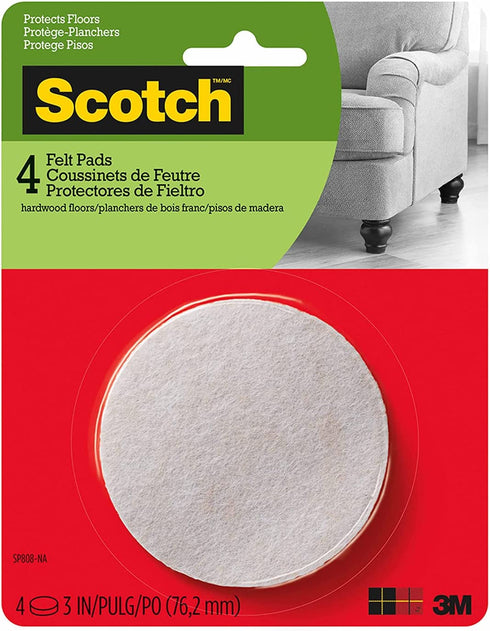 Scotch SP808-NA Felt Furniture Pads, Round 3", Beige, 4 Count