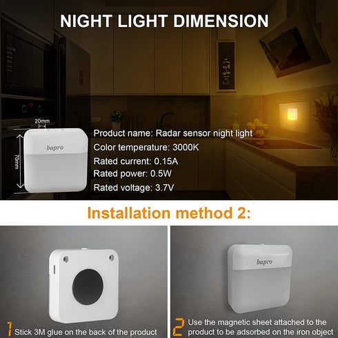 2 Pack LED Night Lights Rechargeable, Dusk to Dawn Sensor, bapro Warm White Stick-On Nightlight Adjustable Brightness for Bedroom, Bathroom, Kitchen, Hallway, Stairs, Kids, Adults, Compact Nightlight