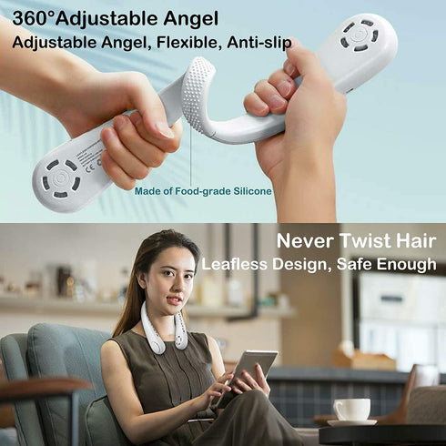 ZOEYEA Neck Fan, Portable Bladeless Hands Free Fan, Adjustable Angle 360° Cooling USB Rechargeable Quiet Wearable Hanging Sport Personal Fan, 3 Speeds, No Hair Twisting, Strong Wind (White)