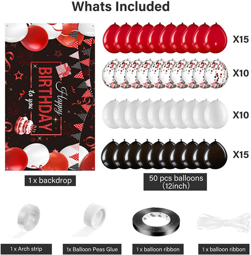 Red and Black Birthday Party Decorations 50 Pieces Red Black Balloons Garland Kit Happy Birthday Backdrop Banner Sign Decorations for Kids Men Women Anniversary Birthday Party Supplies Decor