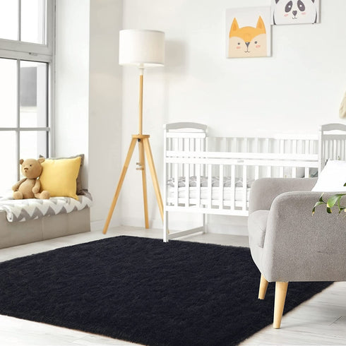 Tepook Super Soft Fluffy Rug for Bedroom, Modern Shaggy Rug Fuzzy Kids Rug for Living Room, Plush Indoor Nursery Home Decor Rug with Non-Slip Bottom, Black, 3 X 5 Feet