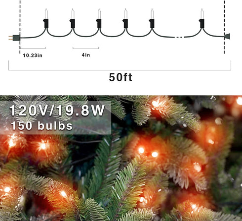 150-Count LED Halloween Orange Mini Christmas String Lights, 50 Ft White Wire, UL Certified Connectable , Amber Xmas Tree Lights Outdoor or Indoor, Halloween Lights