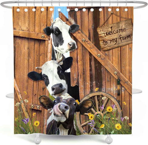 DESIHOM Farm Cow Shower Curtain Farmhouse Barn Door Shower Curtain Rustic Wood Shower Curtain Country Shower Curtain Polyester 72x72 Inch