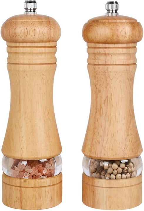 Haomacro Salt and Pepper Grinder Set, Wood Pepper Mills,Wooden Salt Grinders Refillable Manual Pepper Ginder with Acrylic Visible Window,Ceramic Grinding Core- 6.5 InchesPack of 2