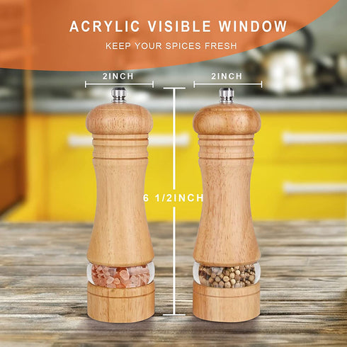 Haomacro Salt and Pepper Grinder Set, Wood Pepper Mills,Wooden Salt Grinders Refillable Manual Pepper Ginder with Acrylic Visible Window,Ceramic Grinding Core- 6.5 InchesPack of 2