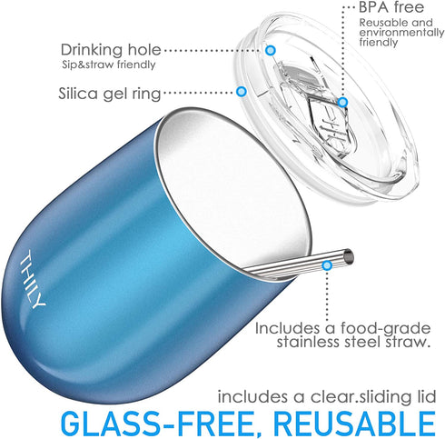 Stainless Steel Stemless Wine Tumbler - THILY 12 oz Vacuum Insulated Travel Wine Glasses Set with Sliding Lid, Metal Straw, House Warming Present, 2 Pack(Purple + Blue)
