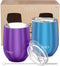 Stainless Steel Stemless Wine Tumbler - THILY 12 oz Vacuum Insulated Travel Wine Glasses Set with Sliding Lid, Metal Straw, House Warming Present, 2 Pack(Purple + Blue)