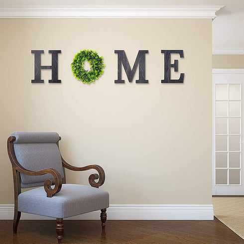 Wooden Home Sign with Green Wreath Flower, Wall Hanging Decor 11.8 Inch Home Decorative Sign Rustic Wooden Letters Decor for Living Room Kitchen Entry Way Housewarming Decoration