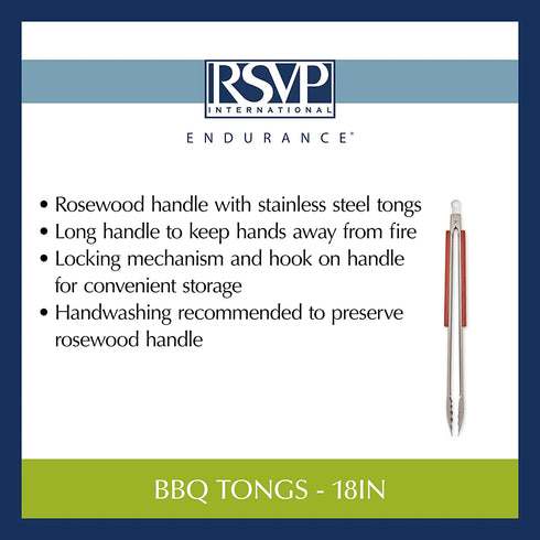 RSVP International Endurance® BBQ Locking Tongs, 18" | Flip Burgers or Kabobs w/ Long Handle that Keeps Hands Safe from Fire | Made from Stainless Steel & Rosewood