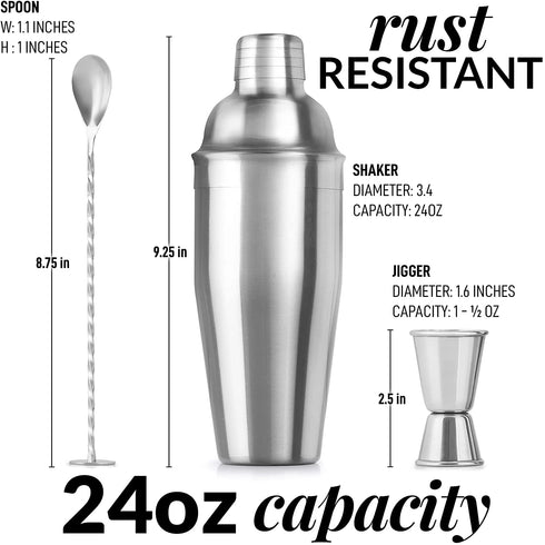 Large 24 oz Stainless Steel Cocktail Shaker Set - Mixed Drink Shaker - Martini Shaker Set With Built In Strainer, Double Sided Jigger & Combo Muddler Mixing Spoon - Pro Margarita Shaker - By Zulay